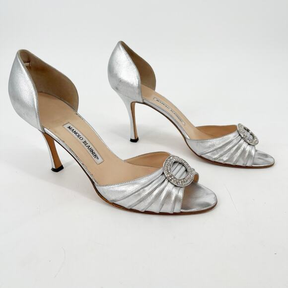 Vintage Manolo Blahnik Silver Leather y2k Sedaraby Crystal D’Orsay Heels IT 41.5 - Picture 2 of 15